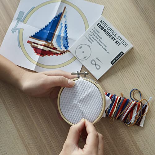 Kikkerland DIY Mini Cross Stitch Sailboat Embroidery Craft Starter Kit Set, with Pattern Instructions, 3" Bamboo Hoop, Stress Relief, Adult Beginner Friendly - color: Sailboat