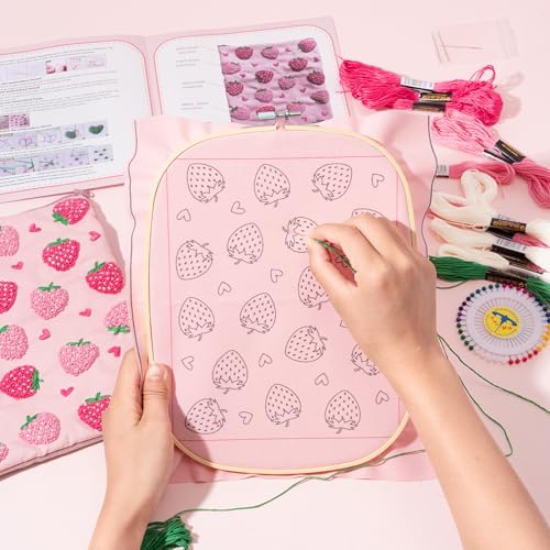Fiupan All-in-One Strawberry Embroidery Kit - DIY Craft Kit with Thread, Fabric & Needles, Pink Embroidery Pouch for Tablet E-Reader Sleeve, Creative Birthday Gifts for Beginners（7-8 Inch） - size: 7-8 Inch