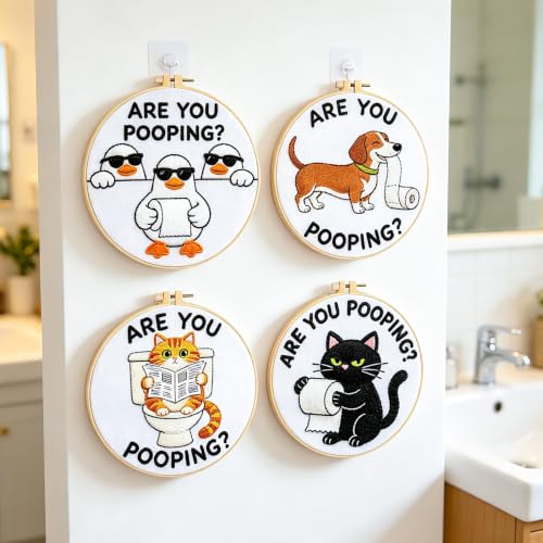 BEUNITONE 4 Pack Beginner Embroidery Kit for Adults, Funny Animal Pre-Stamped Pattern Needlepoint Kits with Hoop, Tools & Instruction, 7.9"x7.9" Hand Embroidery Kits for Fabric and Home Decor - style: D-Are You Pooping