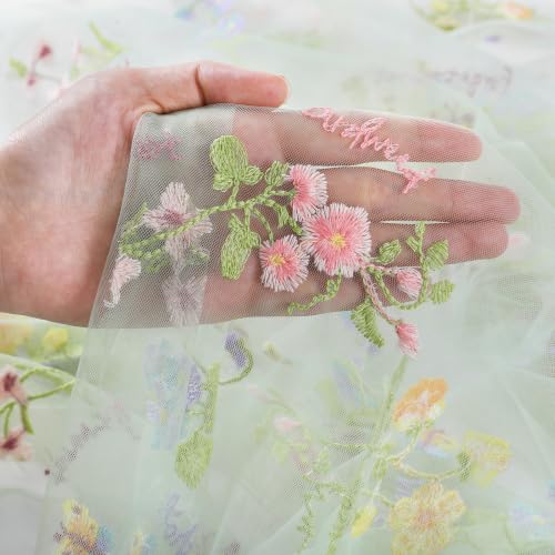 Floral Wildflower Tablecloth 60x120 Inches Sheer Sage Green Tulle Fabric - color: Sage Green, size: 60"x120", 1 Pc