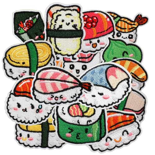 16pcs Sushi Iron/Sew on Patches, Delicious Food Embroidered Applique, Cute Decoration for Clothes, Hat, Bag, Dress, Shirt, Jeans - color: 16pcs Sushi