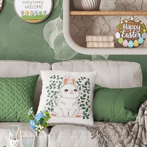FONNUY Easter Throw Pillow Case Embroidery Kit, Eucalyptus Leaves Happy Rabbit Bunny Stamped Pattern Kits for Audlt Beginners, Hand Works Crafts Throw Pillow Cover, 18 x 18'' (Rabbit 01) - color: Rabbit 01