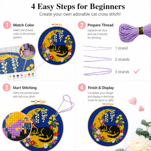 Zhenqing 4 Pack Cat Stamped Cross Stitch Kit for Beginners - color: 4 Pack Cat