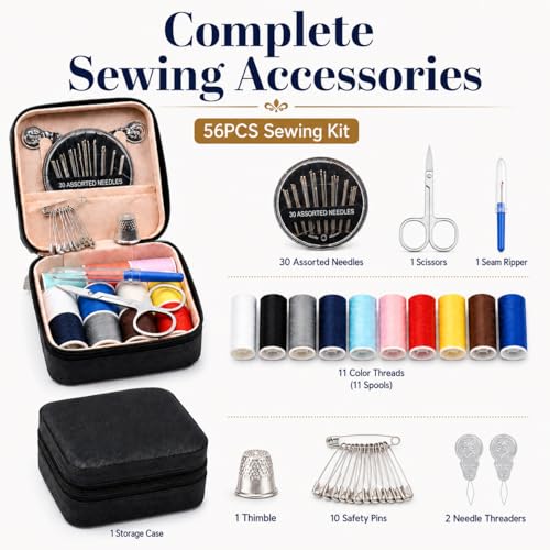 56-Piece Portable Travel Sewing Kit - Compact Emergency Sewing Kit Box with Zipper Fix Tools - Small Sewing Supplies and Accessories for Home Use & Quick Stitch Solutions - color: Black