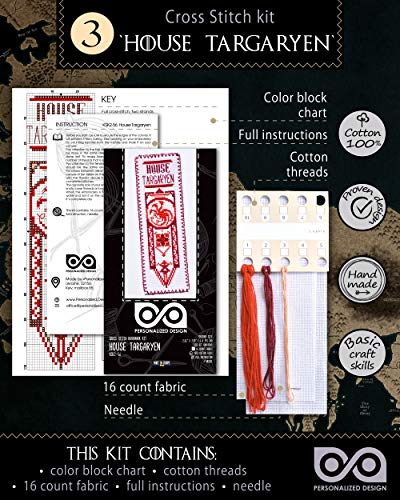 Cross Stitch Kits - Set of 3 DIY Hand Embroidery Bookmarks: House Stark, Targaryen, Lannister - GoT Design Patterns - color: 3-in-1