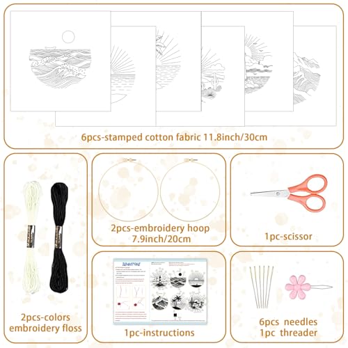 BEUNITONE 6PCS Beginner Embroidery Kit for Adults, Minimalist Black and White Style Pre-Stamped Pattern Needlepoint Kits with Hoops & Instruction, Hand Embroidery Kits for Fabric and Home Decor 7.9" - style: Black White Scenery