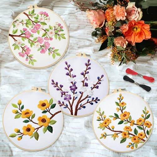 INFUNLY 4 Pack Seasons Flowers Embroidery Starter Kit for Beginners Branches Leaves DIY Embroidery Kits for Adults Stamped Needlepoint Set with Step-by-Step Instructions Threads Craft Lover Gift - style: Seasons