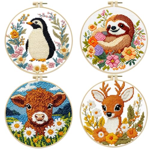 FEIYUENO 4 Set Highland Cow Cross Stitch Embroidery Kit for Adults (Animal) - color: Animal