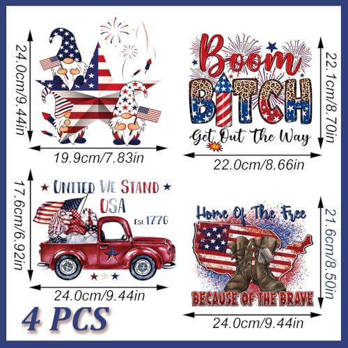 Independence Day Heat Transfer Iron on Patches 4th of July Sew Decoration Patriotic Flag Firework Boom Dwarf Car Pattern Washable Ready to Press Iron on Transfer Stickers for Hoodies Clothing 4 Sheets - color: 4th of July B