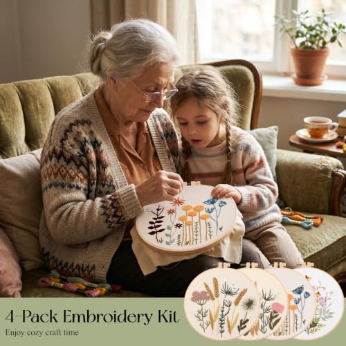 Dadanism Embroidery Kit for Beginners, 4 Pack Starter Embroidery Kits - style: Flowers