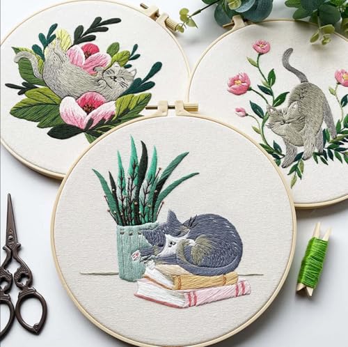 Mozzyyee 4pcs Cat Embroidery Kits for Beginners, DIY Adult Beginner Embroidery Sets with Instructions, 2 Plastic Embroidery Hoops,Scissor, Threads and Needles (Grey Cats) - color: Grey Cats