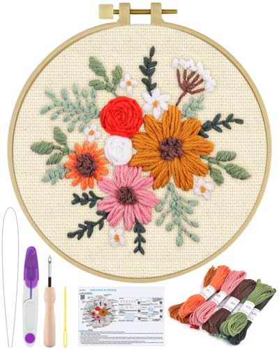 ERKOON Punch Needle Kit Beginners Adults, DIY Easy Flower Embroidery Set for Starter Art Craft, Needling Punching Project with Patterns, Tools, Yarns, Hoop, Instruction (Rainbow Flowers) - color: Rainbow Flowers