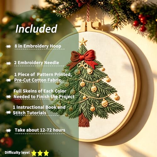 FONNUY Cute Christmas Embroidery Kit for Beginners, Festive Winter Pre-Printed Pattern & Supplies Set for Adults, DIY Handmade Needlepoint Kits Wall Art, 8'' Hoop (Tree) - color: Tree