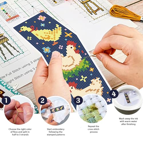 FREEBLOSS 6 Set Cross Stitch Bookmark Kit for Beginner Adults Farm Animal Stamped Embroidery Bookmark Kits Cross Stitch Kits with Instruction Bookmarks Making Kit for Book Lovers 8x2.4in/20x6cm - style: Goose&Barn&Blanket