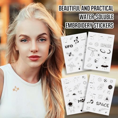 Beadthoven 69pcs Water Soluble Embroidery Stabilizers, Stick and Stitch Embroidery Paper with Pre-Printed Space Rocket Planet Constellation Patterns Wash Away Adhesive Stabilizers for Hand Sewing - color: Space