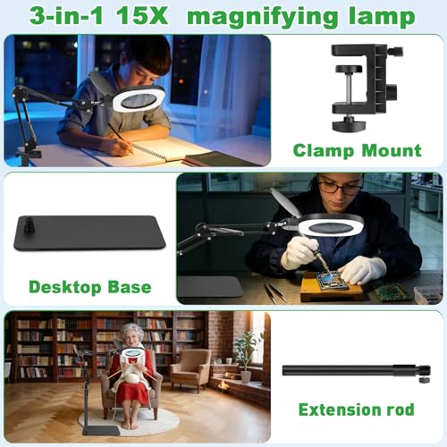 15X Real Glass Magnifying Lamp, 3-in-1 LED Desk Lamp with Base Clamp & Floor Stand, 5 Color Modes Stepless Dimmable, Adjustable Swing Arm, for Repair, Reading,Crafts,Painting - size: 3 in 1 Lighted Magnifiers(Round)