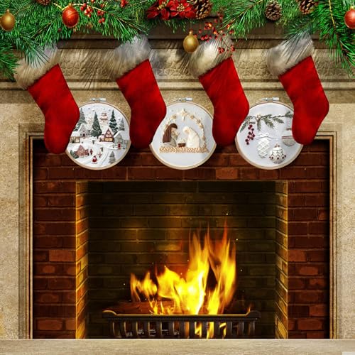 LB Christmas Embroidery Kit for Beginners: 4-Piece Cross Stitch Set with Green Plant, White Snowflake & Gnomes | Adults DIY Starter Kit Includes Hoop, Threads and Tools - color: White and Green
