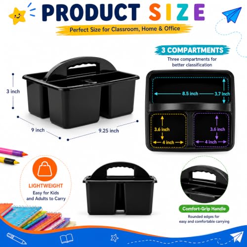Haundry 6 Pack Black Classroom Caddy, 3-Compartment Plastic Supply Bins - color: Black