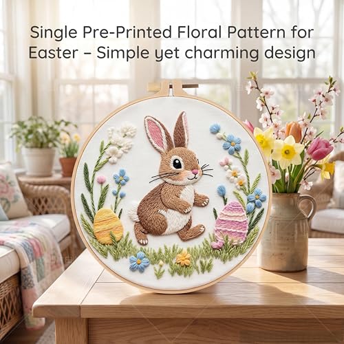 AZY Easter Embroidery Kit – Single Pre-Printed Floral Pattern with Adjustable Embroidery Hoop, Thread, Needle, Threader & Instructions – for Beginners and Cross Stitch Lovers - style: Easter embroidery