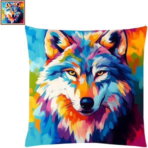 Fanxvivy Stamped Cross Stitch Kits for Adults Beginners Pillow Needlepoint Kit with Embroidery Pattern Needlework Kit Prestamped Stitches Kit 11CT Cross Stitching-Colorful Wolf 18x18 inch - color: Pre-pattern 34