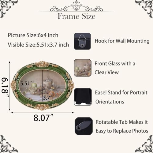 Vintage Picture Frames 4x6 Ornate Green and Gold Antique Pictue Frames with Real Glass Cover for Wall & Tabletop Display Victorian Home Decor Gallery Wall Decor,Oval - color: Green, size: 6X4