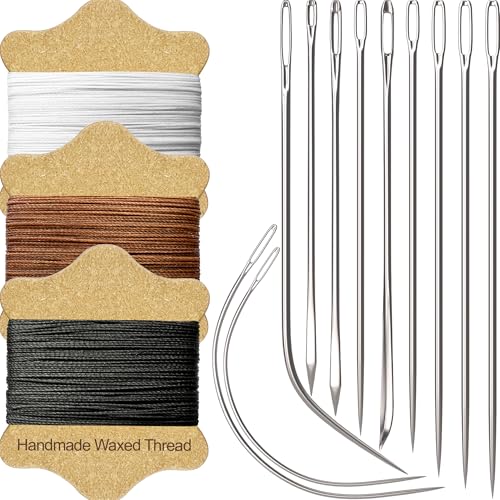 VONEEDL Upholstery Repair Kit: Waxed Sewing Thread (3 Colors) & Heavy Duty Needles (11 PCS) for Leather, Canvas & Quilting Thread - color: Black, White, Brown