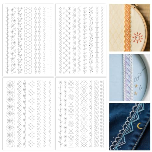 ORIGACH 4 Sheets Water Soluble Embroidery Patterns Stabilizers - 32 Pcs Pre-Printed Simple Lace Borders Motifs Designs - Stick & Stitch Embroidery Paper for Hand Sewing Lovers - color: Simple Lace Borders