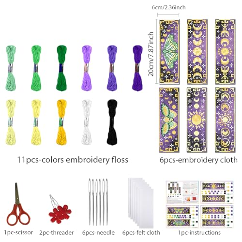 FREEBLOSS 6 Set Cross Stitch Bookmark Kits 8"x2.4" Butterfly Moon Phases - style: Lunar phase