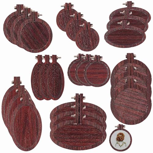Framendino, 24 Pack Mini Embroidery Hoop Wooden Round Oval Crossing Stitch Wood Display Frame for DIY Crafts Hanging Ornament