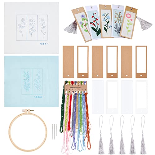 AHANDMAKER Embroidery Bookmark Set, Floral Plant Stamped Embroidery Bookmark for Adults Counted Cross Stitch Kit with Needle Tassel Cards Embroidery Hoop Instructions
