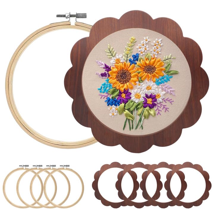 Kuabiz 8 Pcs 8 Inch Wood Embroidery Hoop Frame with Embroidery Hoops Sunflower Wood Embroidery Display Frame and Hoops for Finished Cross Stitch Hoop Frame DIY Art Craft Embroidery Sewing Ornaments