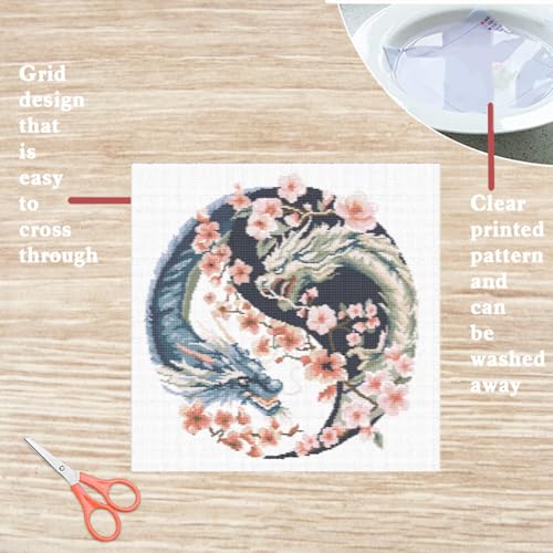 FREEBLOSS Cross Stitch Kit Dragon Stamped Cross Stitch Wall Hanging for Adults with Instructions Pure Cotton Cloth for Beginnrs 17.7''*17.7'' No Frame