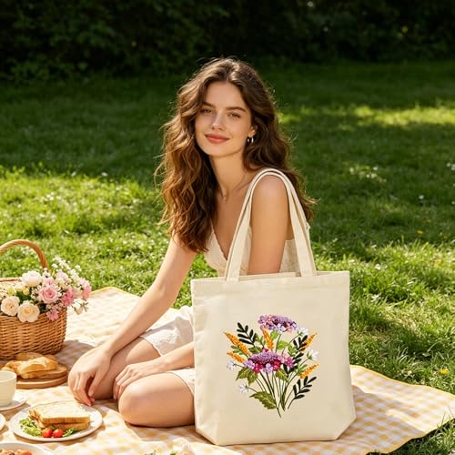 Vigdit Canvas Tote Bag Embroidery Kit for Beginners, Needlepoint Cross Stitch Kit for Adult Beginner, DIY Reusable Grocery Bags Embroidery Starter Kit with Stamped Floral Tools & Instructions - color: Flower1