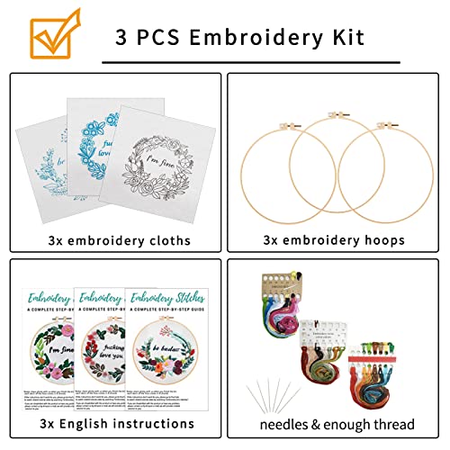 Nuberlic 3 Pack Funny Embroidery Kit for Beginners Adults - color: Flower2