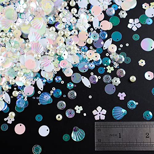 Mixed Clear White Sequins and Spangles Beads Craft Supplies, Crystal Iridescent Spangles and Pearl, Variety Sequins Beads for Crafts, Sewing, DIY Art, Embroidery