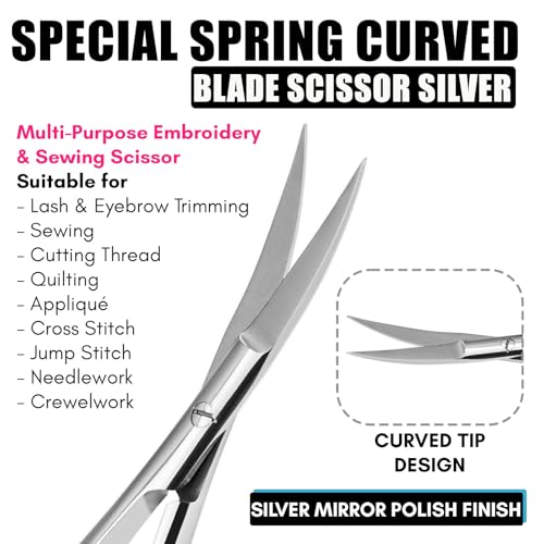 Cross Edge Curved Spring Scissors 5 Inch Stainless Steel Precision Eyebrow & Eyelash Shaping & Trimming Scissor, Snips Squeeze, Embroidery, Knitting Micro Tip Craft Scissors (Silver) - color: Cec-ss-29