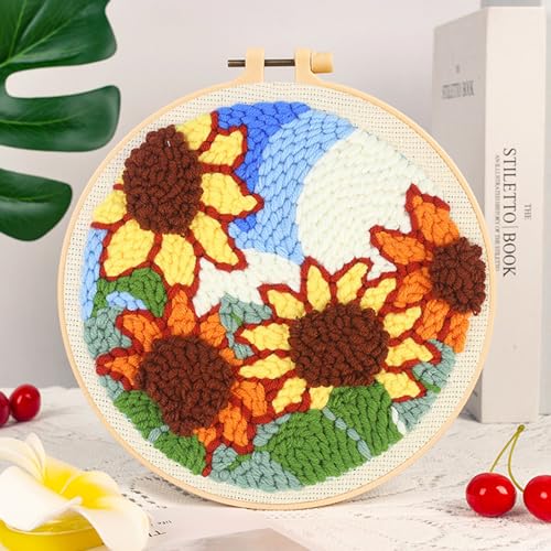 Woohome Punch Needle Kit Included Plastic Hoops, Punch Needle Cloth, Color Yarn and Punch Needle Tools for Adults, Beginners (Sunflowers, Butterflies and Flowers) - color: Color 19