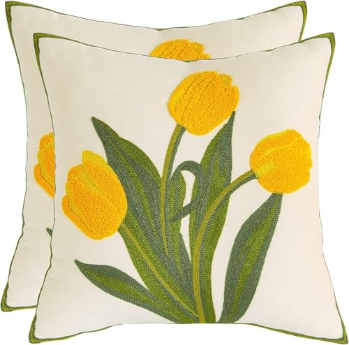 Embroidered Throw Pillow Covers 16x16 Pack of 2 Yellow Tulip - color: Yellow Tulip, size: 16" x 16" (Pack of 2)