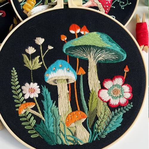 Myfelicity Embroidery Kit with Mushroom Patterns, 3 Hoops, Fabric, Threads, Needles, Instructions (red) - color: red