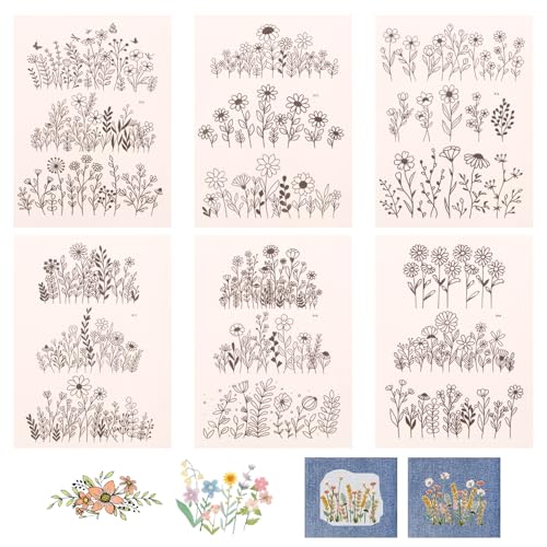 Water Soluble Embroidery Patterns Paper, 6 Sheets Stick and Stitch Embroidery Papers Wash Away, Flower Daisy Patterns, Pre - Printed for Customized Gift for Hand Sewing Lover Beginners
