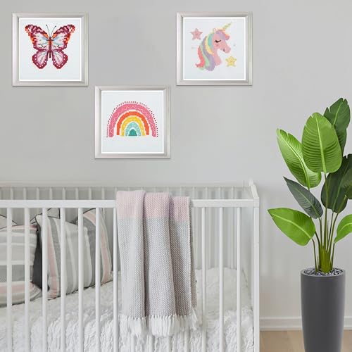 Trimits 3PK Cross Stitch Bundle – Counted Embroidery Kit, Beginner & All Level Starter Set, Complete with Instructions & Thread Children Wall Home DIY Décor – 13x13cm – Rainbow, Unicorn, Butterfly - style: Rainbow, Unicorn, Butterfly