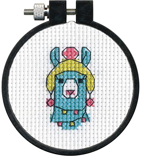 DIMENSIONS Colorful Llama Counted Cross Stitch Kit for Beginners, 11 Ct. White Aida Cloth, Finished Project 3" Diameter, Multicolor 5 Piece