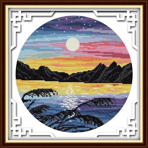 Stamped Cross Stitch Kits for Beginners- Full Set of Sunset Embroidery for Adults,11 CT 3 Strands DIY Patterns Counted Arts Craft 15.3×15.3 inch - color: Sunset