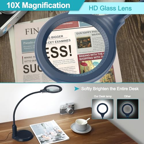 10X Magnifying Glass with Light and Clamp, 5 Color Modes Stepless Dimmable Lighted Magnifier with Stand, Flexible Gooseneck LED Desk Lamp Hands Free for Craft Painting Hobby Close Work - Blue - color: Blue, size: 10X