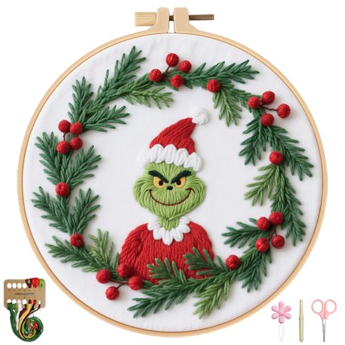 BBLYBD Christmas Embroidery Kit, 1 Set Cross Stitch Craft Kit for Beginners with Pre-Printed Embroidery Fabric, Hoop, Step-by-Step Instruction, Color Threads & Needles (Christmas-1 Set) - color: Christmas-1 Set