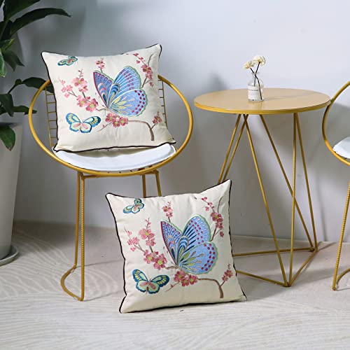 Set of 2 Embroidered Decorative Throw Pillow Covers Couch Square Pillowcases Cushion for Bedroom Sofa Farmhouse Decor 18x18 Inch (Blue Butterfly) - color: Blue Butterfly