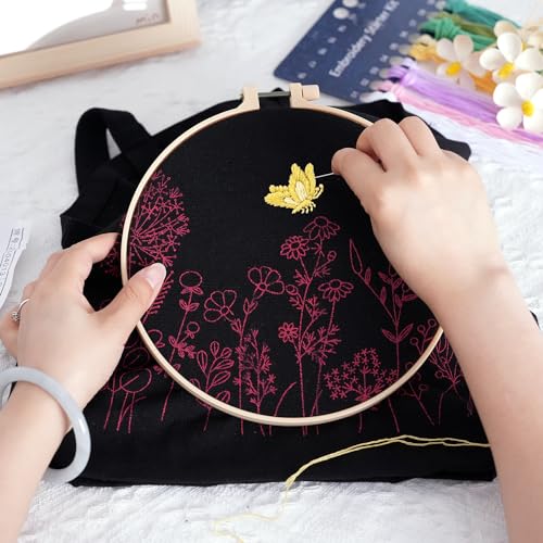 Canvas Tote Bag Embroidery Kit, Embroidery Kit for Beginners Adults, Embroidery Starter kit with Flower Pattern, Canvas Bag Cross Stitch Kits, Cross Stitch Kit with Hoops, Color Threads and Tool - color: Black Green