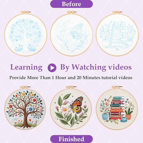 Uniartfy 3 Set Embroidery Kit for Beginners, Butterfly Tree Book Patterns - color: Embroidery Kit-C