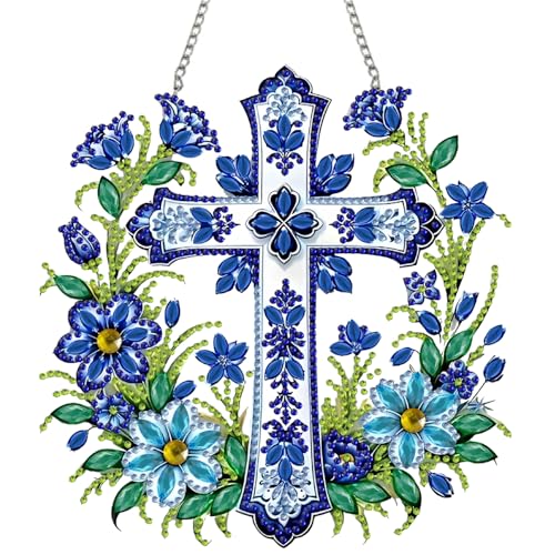 STGLCR Cross Hanging Diamond Art Kits for Adults - Cross Acrylic Board Double Sided Pattern Jesus Diamond Painting Suncatcher Pendant, Crystal Art for Home Wall Window Decor Handmade Gift 7.8Inch - color: 95-Cross blue