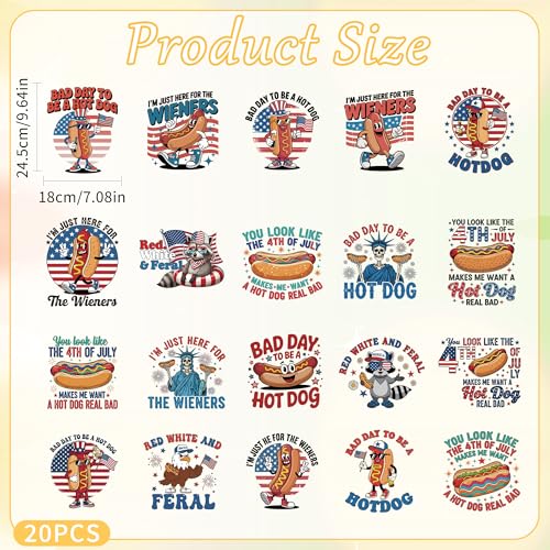 20 Sheets 4th of July Iron on Transfers for T-Shirts - color: Hot Dog